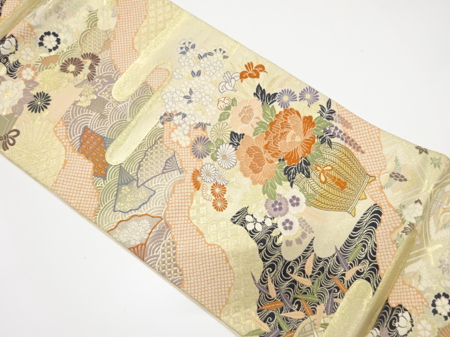 JAPANESE KIMONO / VINTAGE FUKURO OBI / SILK / GOLD / WOVEN FLOWER VASE