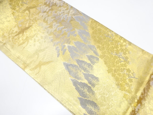 JAPANESE FUKURO OBI / UNUSED / WOVEN CRANE & TREES (NON-TAILORED)