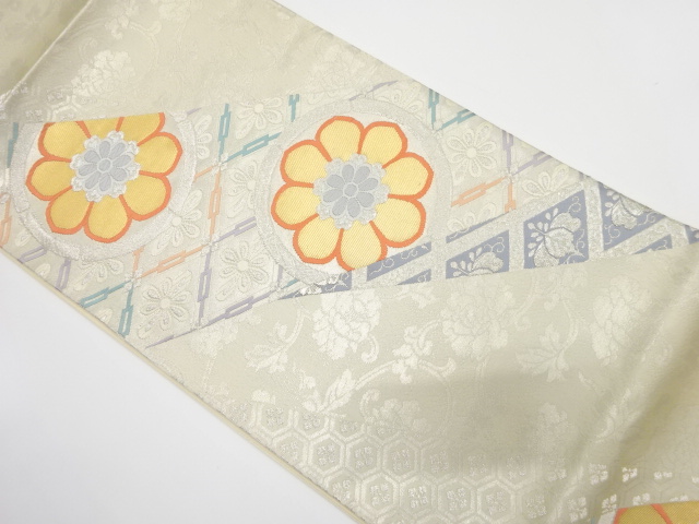 JAPANESE UNUSED FUKURO OBI / SILK / WOVEN DIAGONAL STRIPE & FLORAL ROUNDEL & CLASSICAL PATTERN