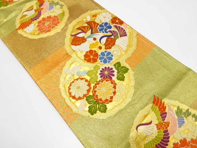 鴛鴦に菊・牡丹・桜模様織り出し　袋帯