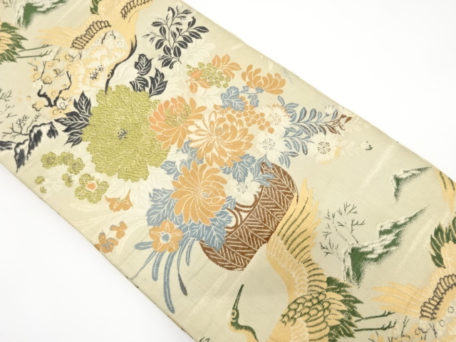 JAPANESE KIMONO / ANTIQUE MARU OBI / WOVEN CRANE & FLOWER VASE PATTERN