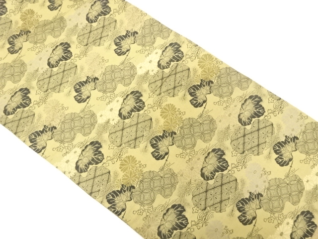 JAPANESE KIMONO / ANTIQUE MARU OBI / SILK / WOVEN IVY LEAVES & KIKU