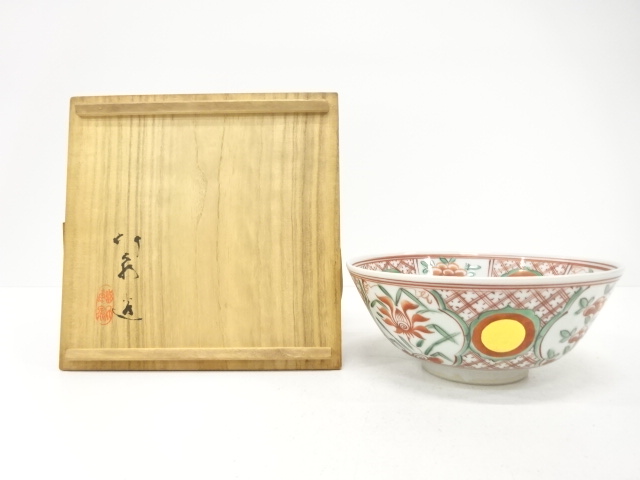 三浦竹泉造　赤絵　玉遊獅子図　鉢