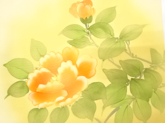 アンティーク　塩瀬　手描き　椿模様開き名古屋帯（額縁仕立て）