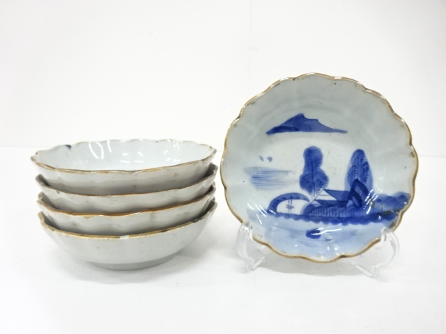 Ko-Imari, set of 5 plates, landscape, with blue & white stripes