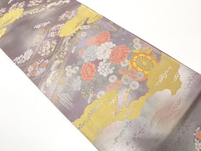 格天井に花車模様織り出し　袋帯