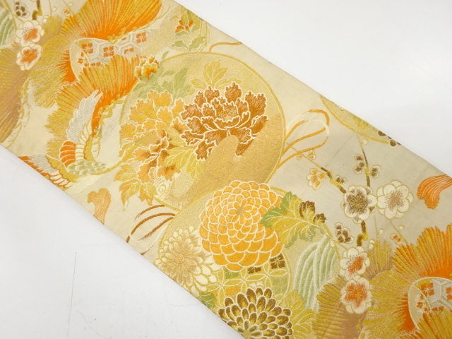 JAPANESE KIMONO / ANTIQUE MARU OBI / SILK / WOVEN CRANE