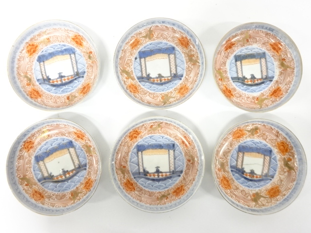 Ko-Imari, Five-size plates, six pieces, underglaze blue, floral arabesque