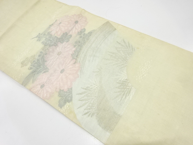 JAPANESE KIMONO / ANTIQUE SUMMER MARU OBI / WOVEN KIKU & FLOWERS