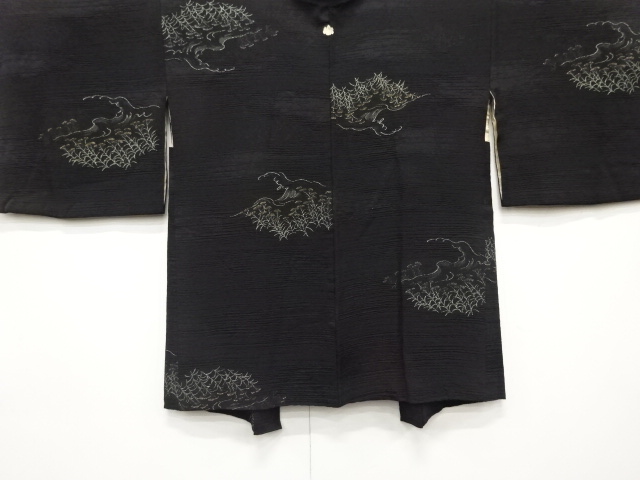 JAPANESE ANTIQUE HAORI / TAISHO ROMAN STYLE / SILK / URUSHI / WOVEN STREAM & FLORAL PLANTS