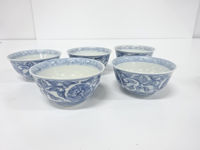 Ko-Imari, Teacups, line-drawing, underglaze blue, 5pcs.