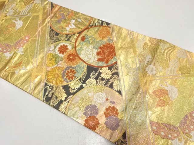 JAPANESE FUKURO OBI FOR FURISODE / WOVEN BUTTERFLY & FLOWER ROUNDEL