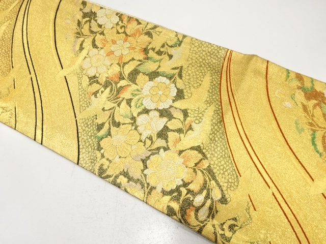 JAPANESE FUKURO OBI FOR FURISODE / WOVEN FLOWER & BIRD
