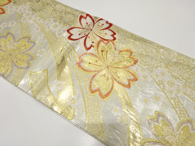 JAPANESE FUKURO OBI FOR FURISODE / WOVEN SAKURA & RIBBON