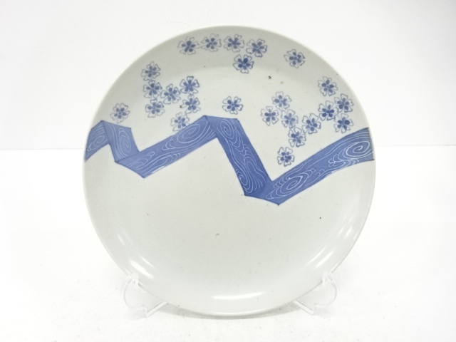 SALE!! 古伊万里 藍柿 桜 七寸皿(無地箱付)