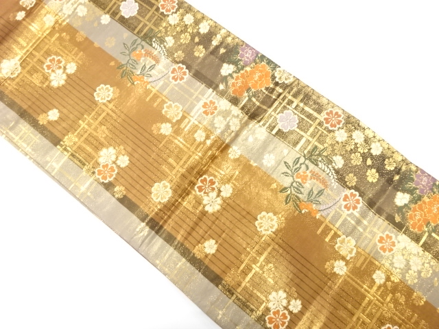 縞に桜・格子模様織り出し　袋帯