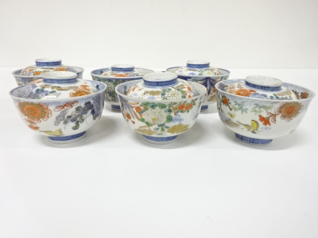古伊万里　色絵　染付　蓋物碗　6客