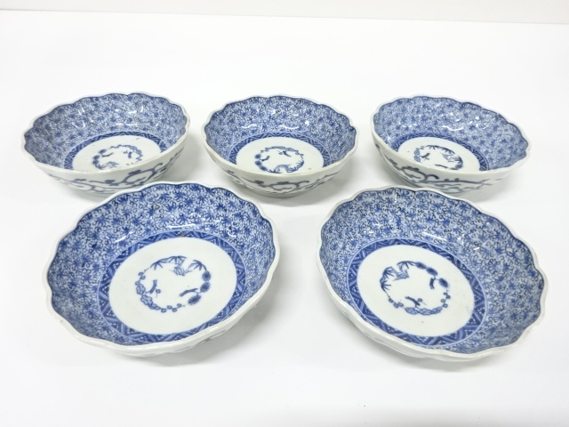 古伊万里　染付　みじん唐草　なます皿　5客
