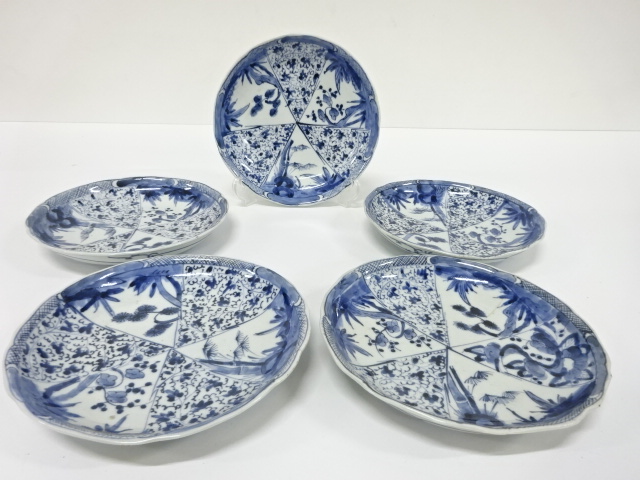 古伊万里　染付　花唐草　七寸皿　5客