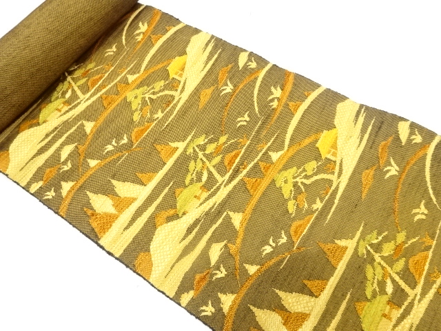 JAPANESE KIMONO / ANTIQUE BOLT FOR NAGOYA OBI / SILK / TSUMUGI / WOVEN SCENERY