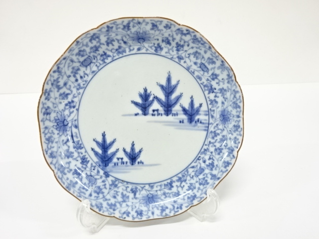 古伊万里　染付色絵　藍柿　花唐草　七寸皿
