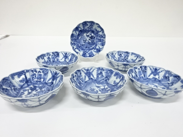 古伊万里　染付　瓔珞文　深皿五寸皿　6客