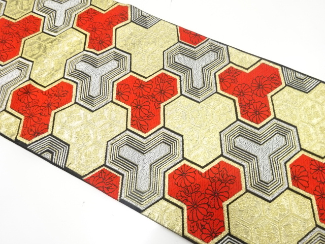 アンティーク　毘沙門亀甲模様織り出し袋帯（着用可）