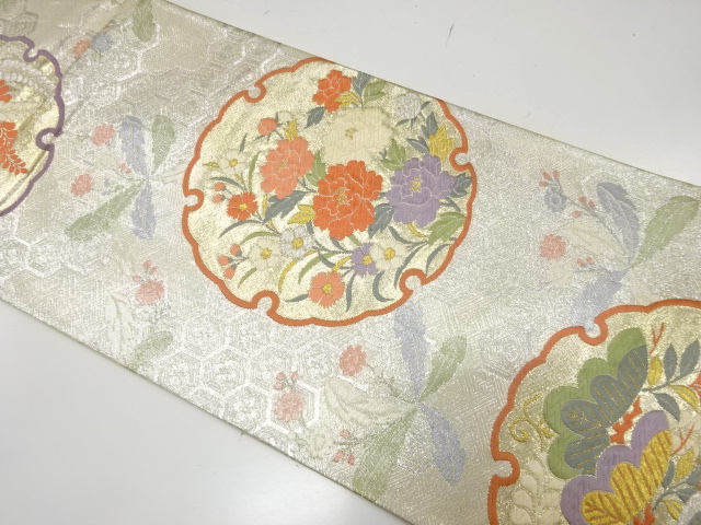 アンティーク　雪輪に牡丹・松藤模様織り出し袋帯（材料）