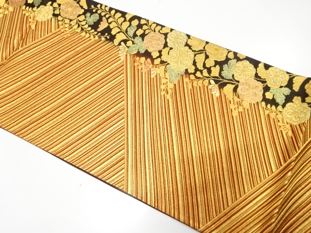 JAPANESE KIMONO / FUKURO OBI FOR FURISODE / SILK / WOVEN DIAGONAL STRIPE & FLOWERS
