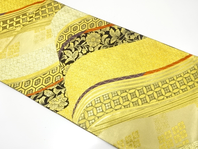 JAPANESE KIMONO / FUKURO OBI FOR FURISODE / SILK / WOVEN MOUNTAINS & FLOWERS & CLASSICAL PATTERN