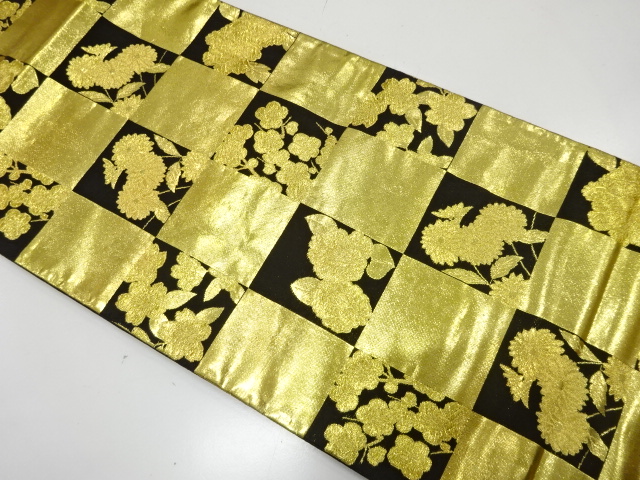 JAPANESE KIMONO / FUKURO OBI FOR FURISODE / SILK / WOVEN CHECKERED & KIKU & UME & CAMELLIA