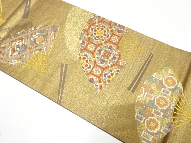 アンティーク　扇に花鳥・古典柄織り出し袋帯（材料）