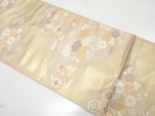 アンティーク　松皮菱に鶴・花・古典柄織り出し袋帯（材料）