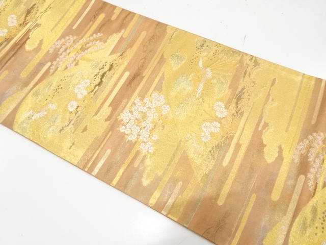 未使用品　いづくら製　遠山にヱ霞・鳳凰・花模様織り出し袋帯(未仕立て)