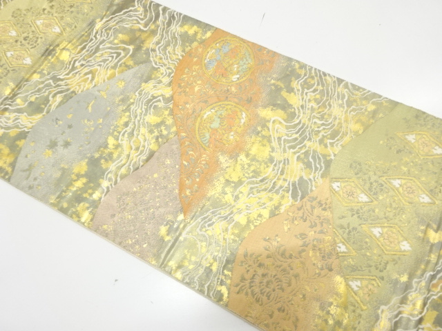 服部織物製　こはく錦　遠山に花更紗模様織り出し　袋帯