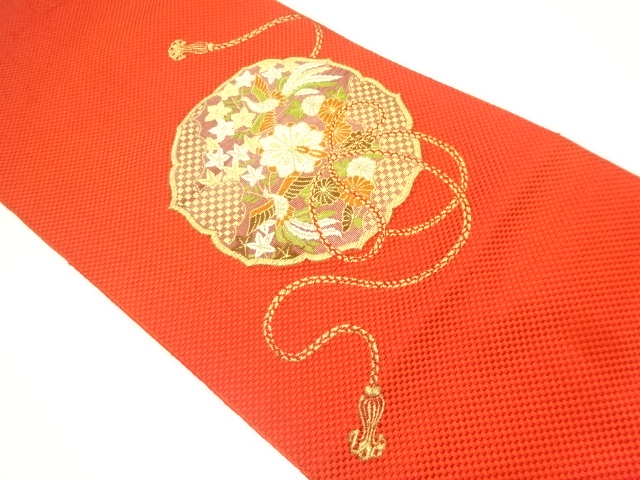 正絹 梅 松 刺繍 繻子 絹 アンティーク ◇名古屋帯 織り◇ 扇に梅柄 梅模様 名古屋帯