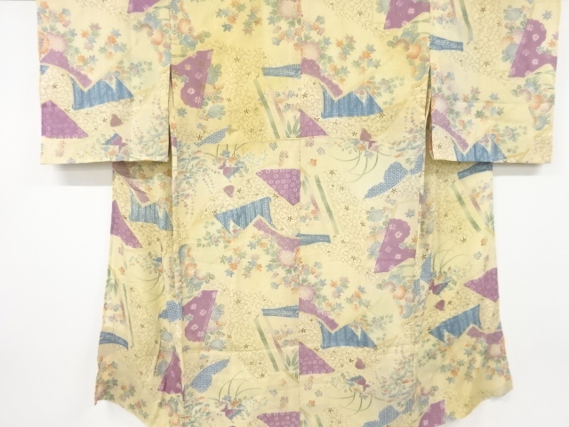 JAPANESE KIMONO / ANTIQUE HITOE JUBAN / SILK / BOOK & FLORAL PLANTS