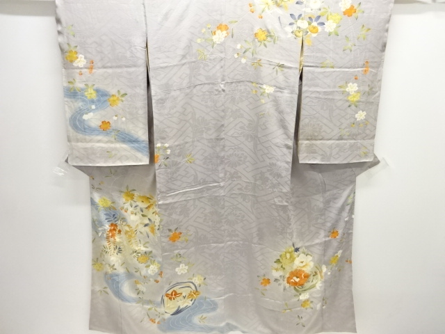 アンティーク　紋錦紗流水に花丸文様刺繍着物