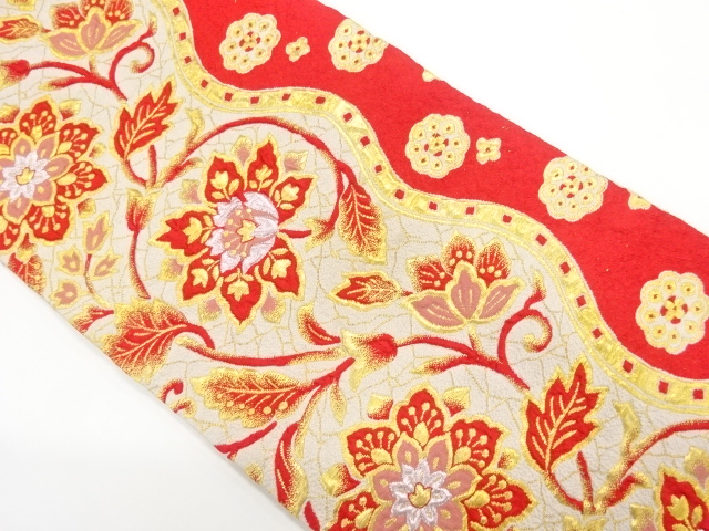 アンティーク　纐纈　唐花模様織り出し開き名古屋帯(額縁仕立て)(着用可)