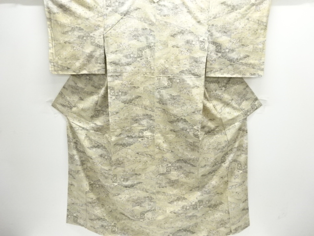 JAPANESE KIMONO / UNUSED / SILK / HAND WOVEN TSUMUGI / MANSION & FLORAL PLANTS