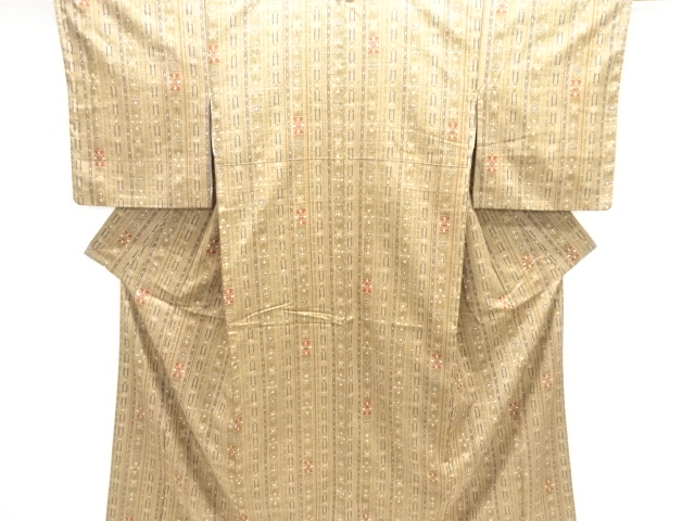 JAPANESE KIMONO / SILK / HAND WOVEN TSUMUGI / STRIPE & ABSTRACT PATTERN