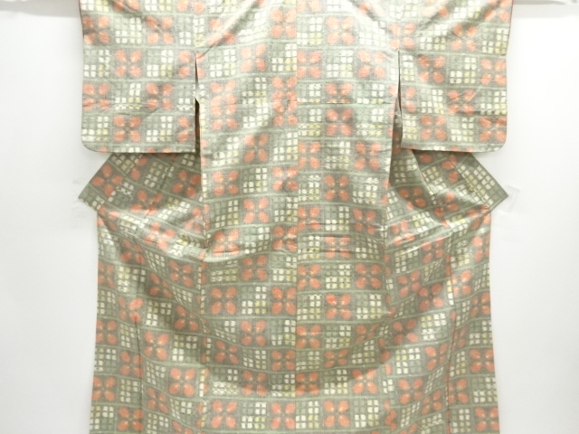 JAPANESE KIMONO / SILK / HAND WOVEN TSUMUGI / STRIPE & FLOWERS