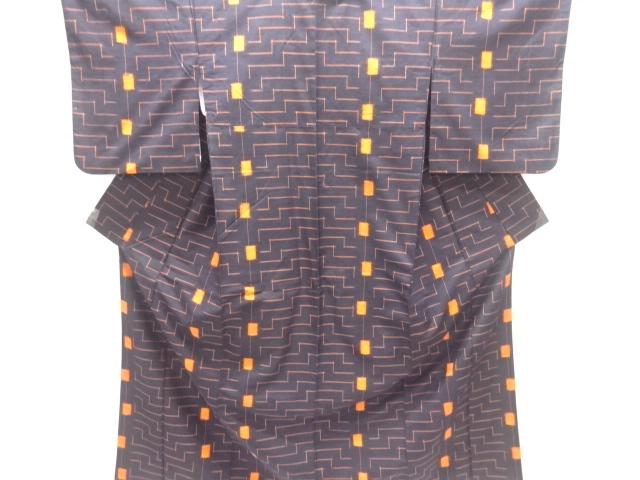 JAPANESE KIMONO / TSUMUGI / WOVEN GEOMETRIC PATTERN 