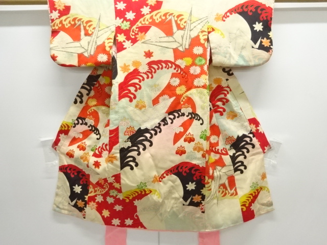 JAPANESE KIMONO / ANTIQUE KIMONO / SILK / KINSHA / ORIMGAMI CRANE & WAVE
