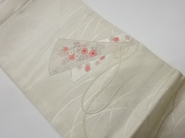 JAPANESE KIMONO / VINTAGE NAGOYA OBI / EMBROIDERY / FLOWER & FOLDING FAN PATTERN