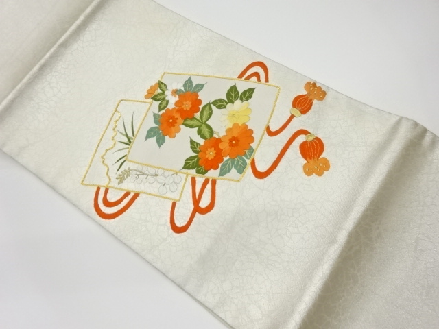 リサイクル　金駒刺繍色紙に菊模様開き名古屋帯（額縁仕立て）