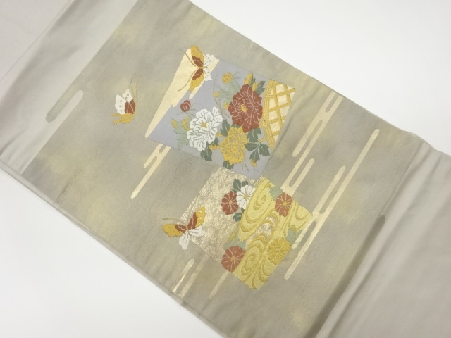 リサイクル　ヱ霞に色紙・蝶・花々・流水模様織出し名古屋帯