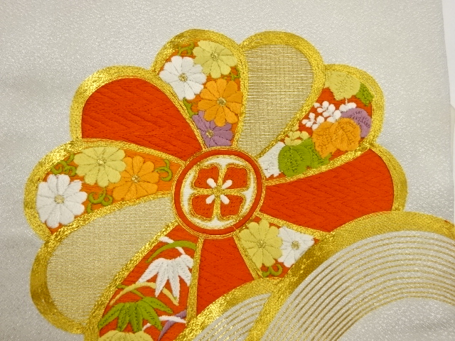 スワトウ刺繍 金駒刺繍 金通し 麻の葉 花紋 袋帯 着物 112a p 補っ