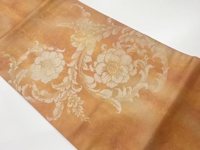 リサイクル　引箔花唐草模様織出し開き名古屋帯（額縁仕立て）