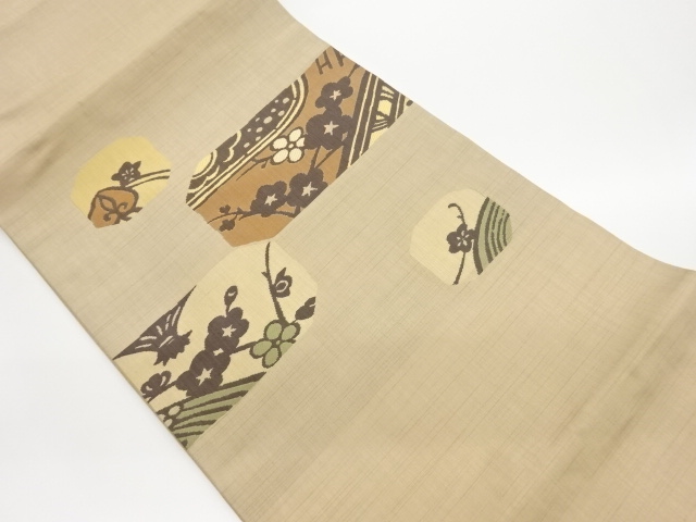 リサイクル　梅模様織出し開き名古屋帯（額縁仕立て）